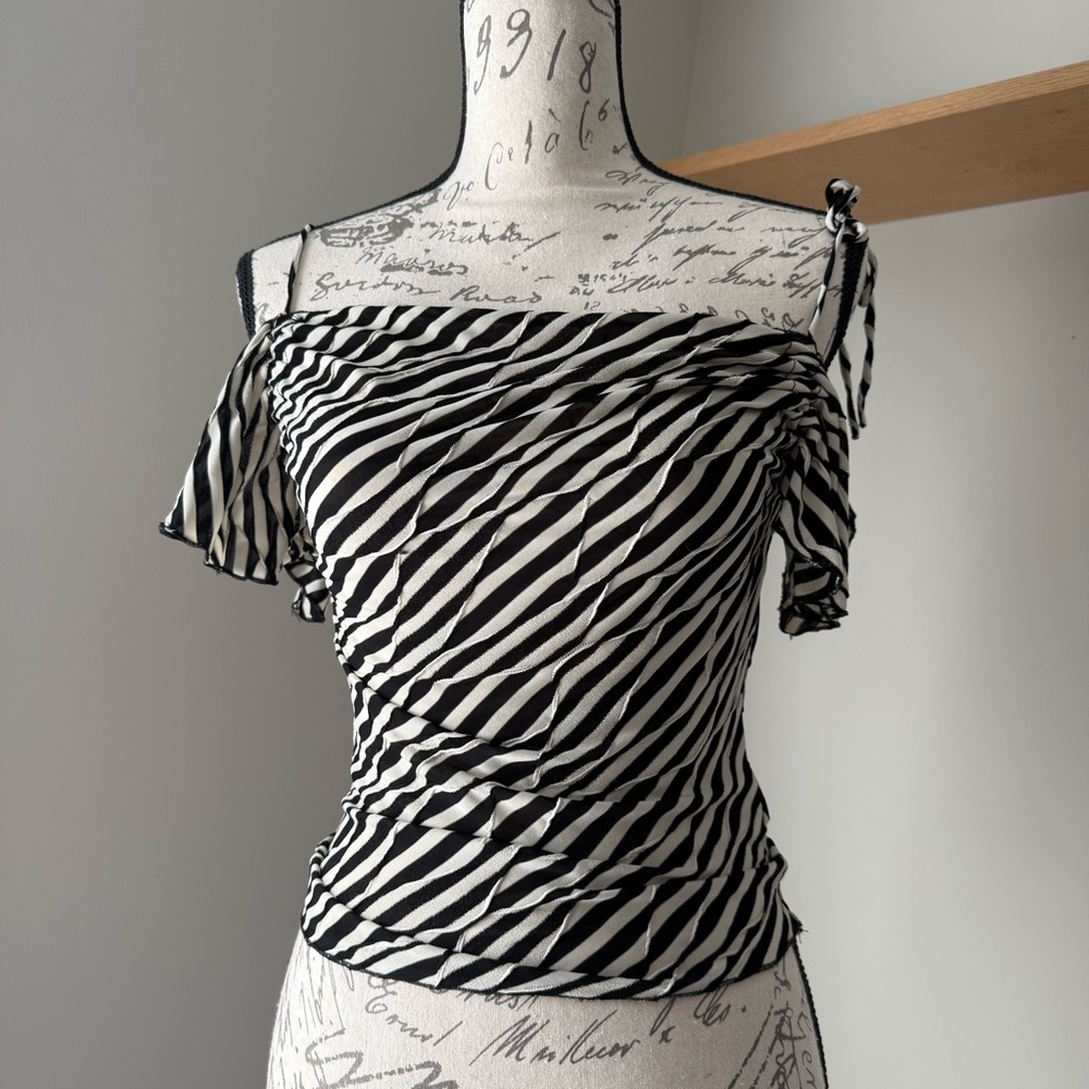 Black and White Asymmetrical Ruched Top - Size S